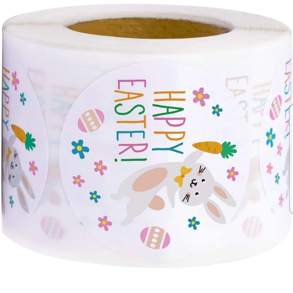 60 Ct.  2 Inch Easter Theme Stickers Labels Roll - Easter Bunny and Eggs…